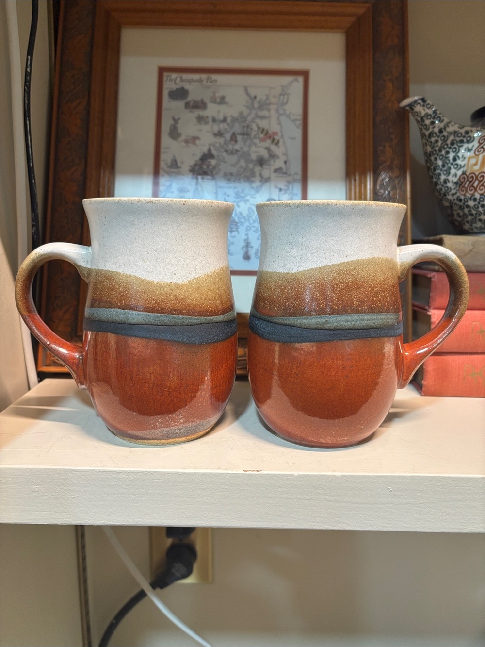 Vintage Two-Tone Rust and Cream Stoneware Mugs by Vintage